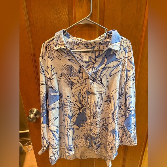 H Halston Plus Size 2X 100% Linen Long Sleeve Button Up Blue & White Printed Top - Picture 4 of 5
